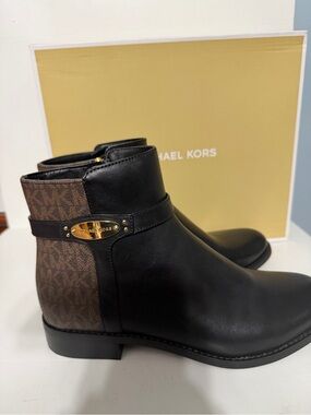 Michael Kors Black Leather Ankle Boots with Brown MK Panel
